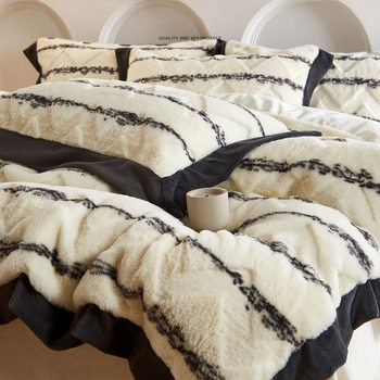 High-End Fur-Like Rabbit Plush Four-Piece Set Milk Velvet Winter Thickeneded Stripesd Coral Velvet Quilt Cover Bed Sheetss Bedding