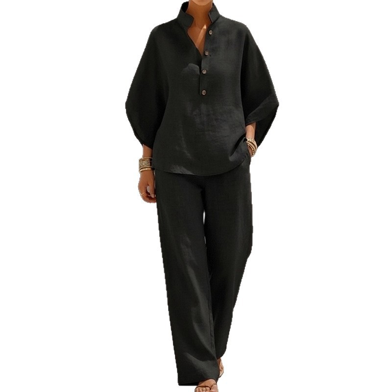 Womens Spring Fashion Set Casual Solid Color Button Down Collar Straight Leg Pants Perfect for Everyday Wear