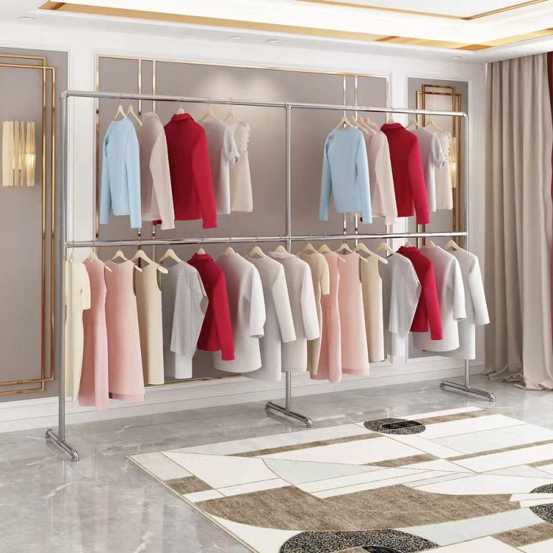 Clothes Drying Rack Galvanized Steel Pipe Clothes Drying Rack Upper and Lower Double-Layer Floor-Standing Rack Single-Pole Clothes Drying Rack Indoor Balcony Clothes Hanging Rack