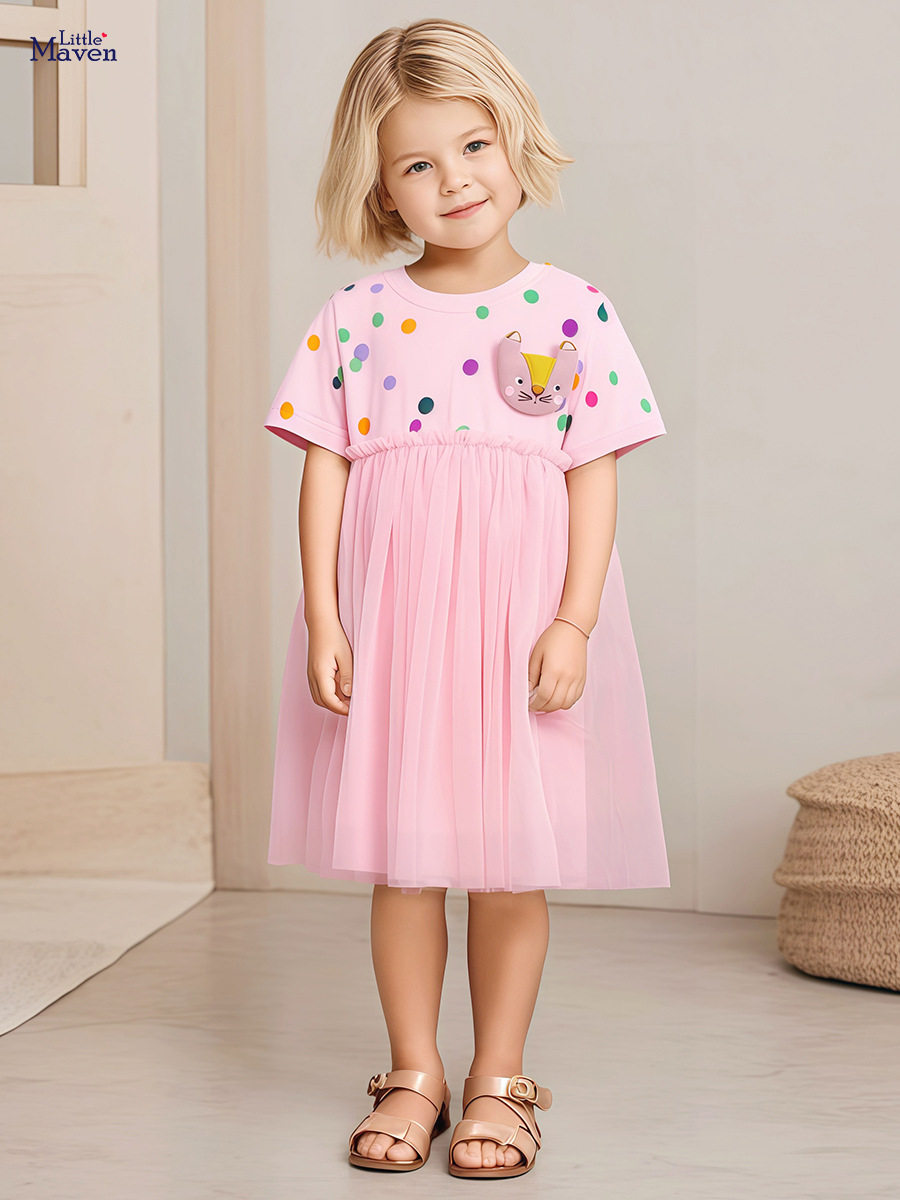 Girls' Cute Summer Mesh Princess Dress, Short-Sleeve Cotton Dress Wholesale