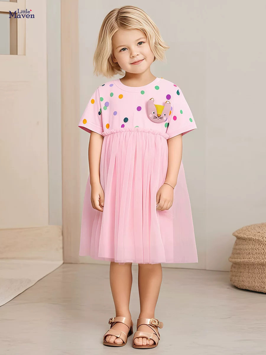 Girls' Cute Summer Mesh Princess Dress, Short-Sleeve Cotton Dress Wholesale