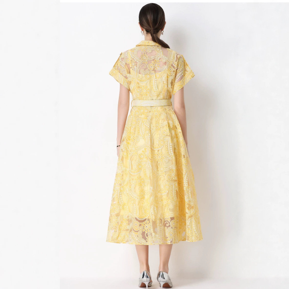 French Style Long Sleeve Dress Lapel Collar Waist Cinching Flared Hem Lace Detailing Spring and Autumn Occasion