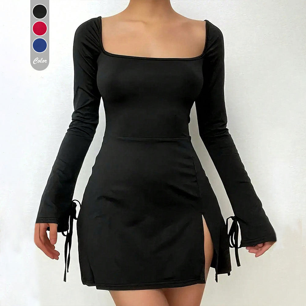 Red A Line Dress Square Neck High Waist Short Length Split Design Spring Summer Casual Wear Wholesale Available