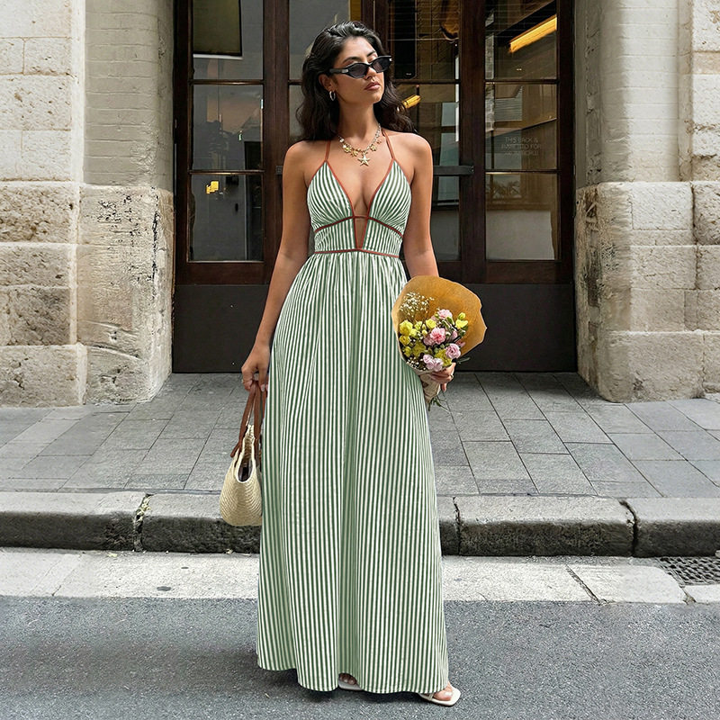 V Neck Striped Backless Dress Fresh Vacation Style Lightweight Fabric Summer Wear Wholesale Available