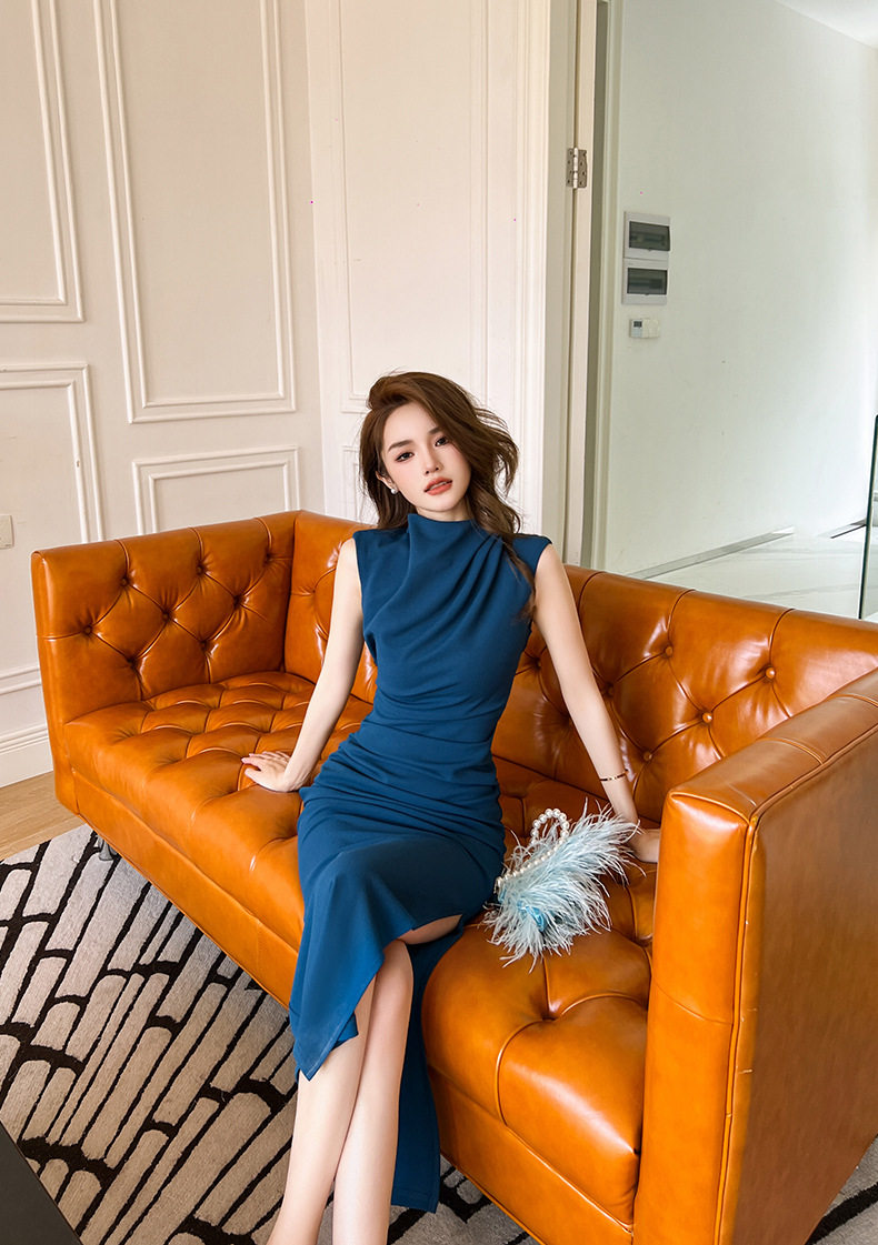 Đầm maxi nữ thắt eo dáng ôm tay ngắn cổ đứng xẻ tà — [Xanh hồ], [Đen] chi tiết 17
