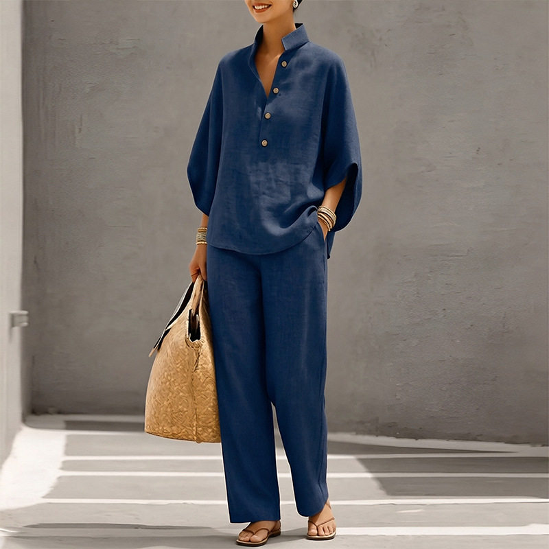 Womens Spring Casual Set Loose Fit Solid Color Top and Long Pants Perfect for Everyday Wear Wholesale Available