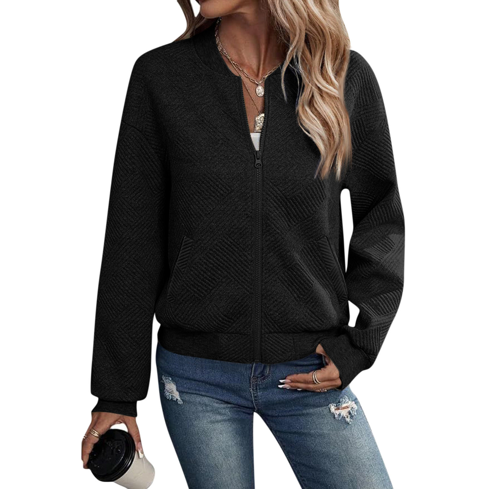 Autumn Long Sleeve Zipper Detail Cardigan Solid Color Lightweight Casual Style Wholesale Available