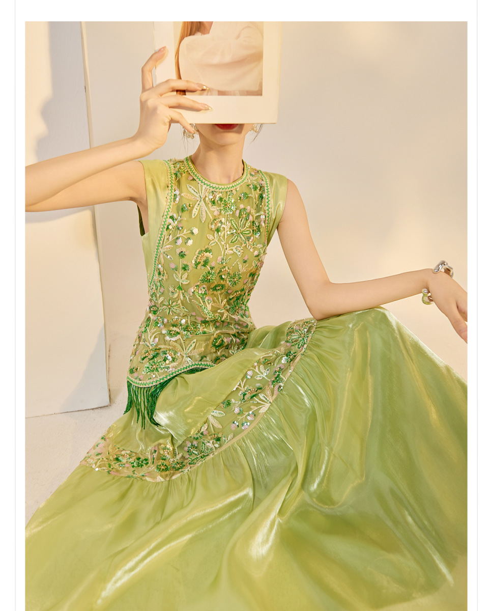 Đầm maxi nữ thêu đính cườm tay phồng dáng suông — Cloud Water Blue (Giao hàng ngay hôm nay), Cloud Water Blue (Giao hàng trong 7 ngày), Jasper Green (phát hành cùng ngày), Jasper xanh (giao hàng trong 7 ngày)