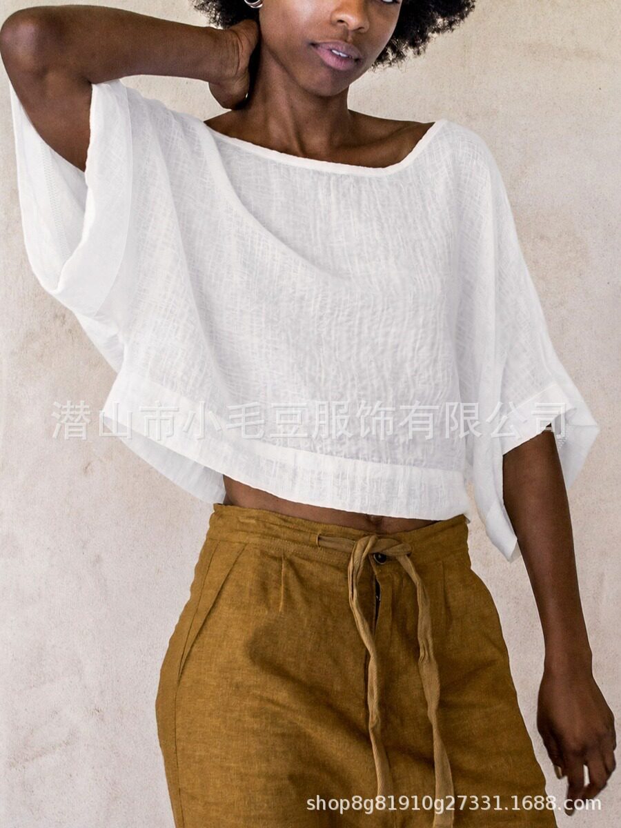 Casual White Short Sleeve Batwing Top Loose Fit Off Shoulder Design Versatile Style Perfect for Everyday Wear
