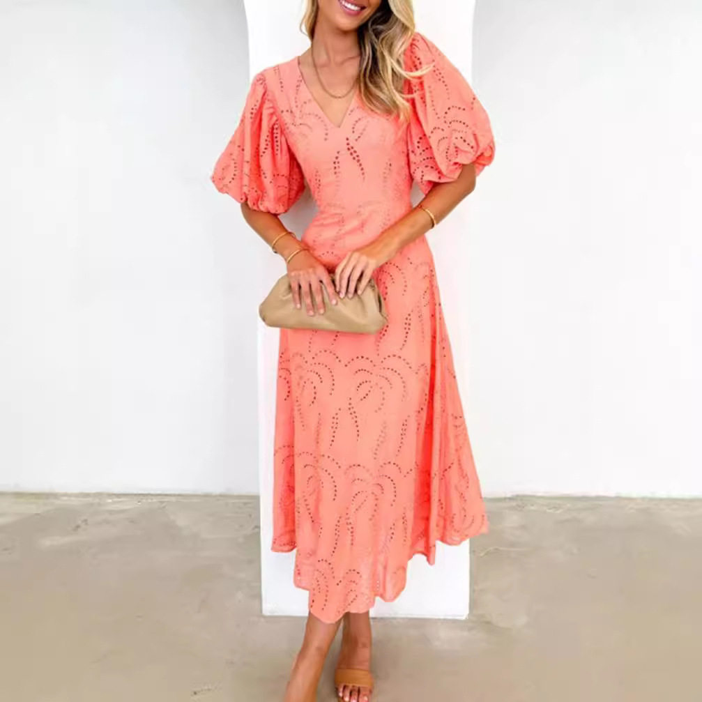 Womens Hollow Out V Neck Short Sleeve Dress Solid Color Waist Defining Elegant Style Perfect for Autumn Events