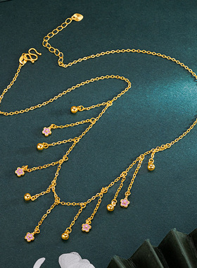 新款沙金项链桃花流苏套链烧蓝小众气质镀金锁骨链小香风颈链礼物