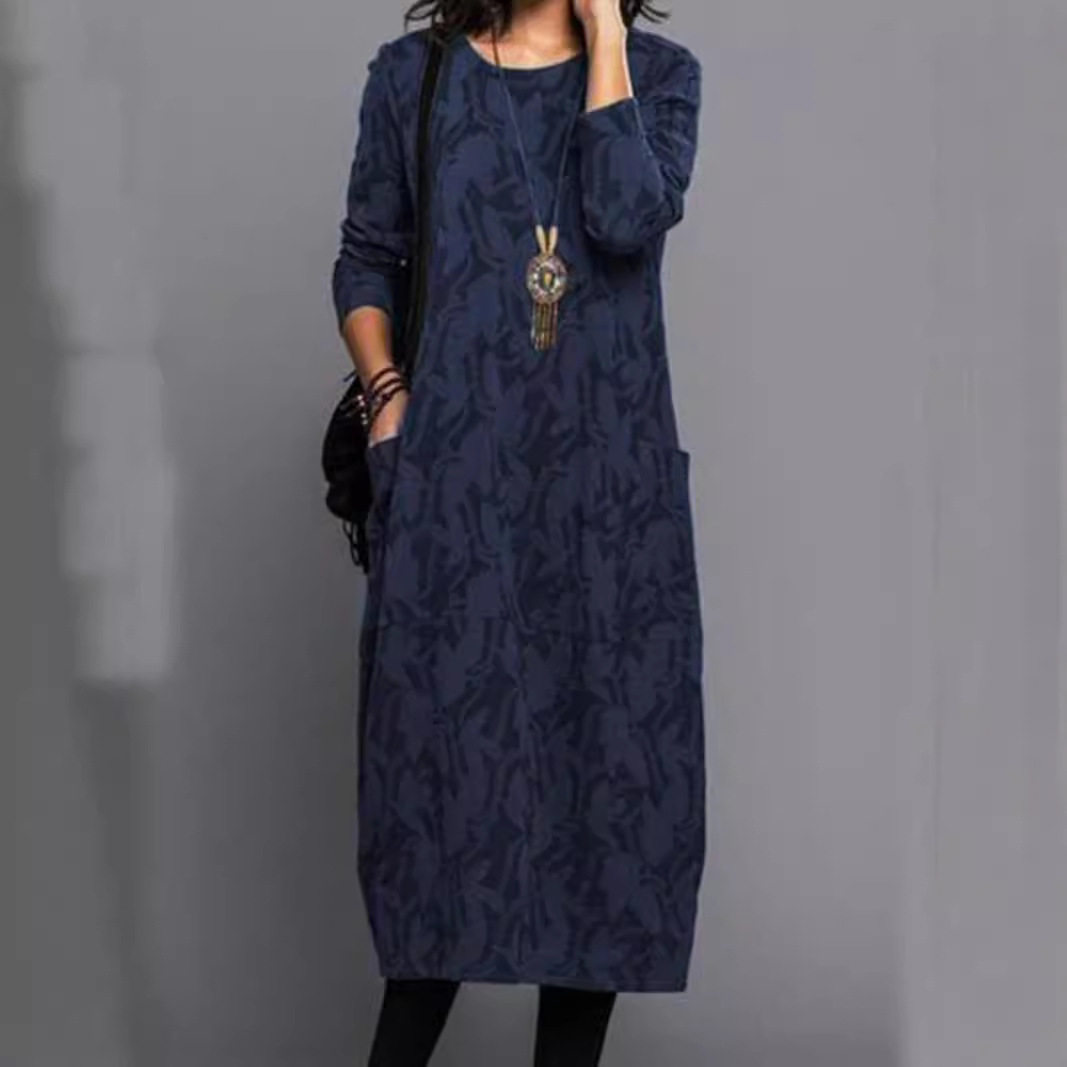 Casual Long Sleeve Pocket Dress for Women Round Neck Available in Multiple Colors Wholesale Sizes S to XXXL
