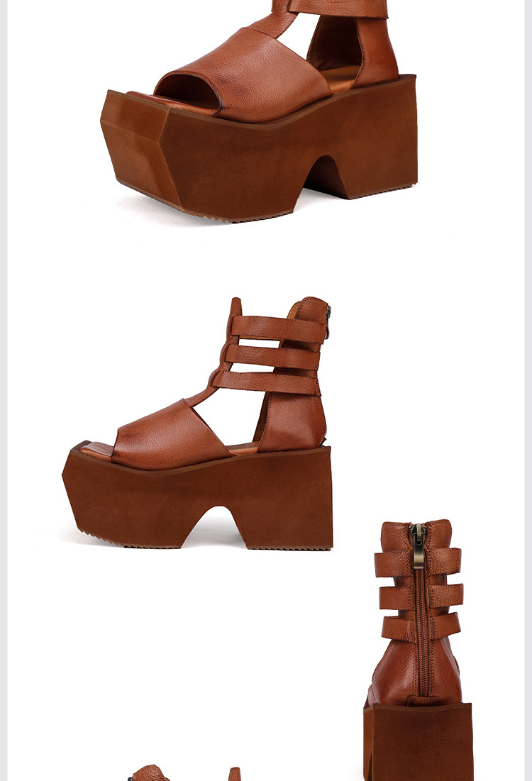 Sandal La Mã nữ đế dày tăng chiều cao, giày cao gót quai dán phong cách châu Âu — màu đen, Màu nâu