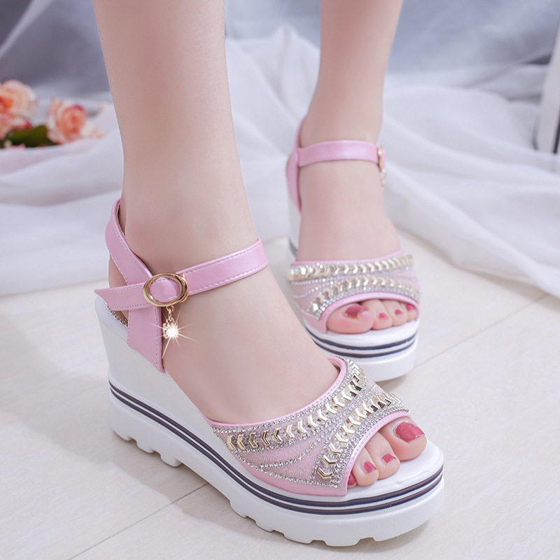 Sandals Women's 2025 Summer New Sandals Women's Wedge Rhinestone Fashion One-Word Buckle Fish Mouth Women's Shoes
