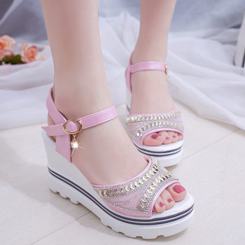Sandals Women's 2025 Summer New Sandals Women's Wedge Rhinestone Fashion One-Word Buckle Fish Mouth Women's Shoes