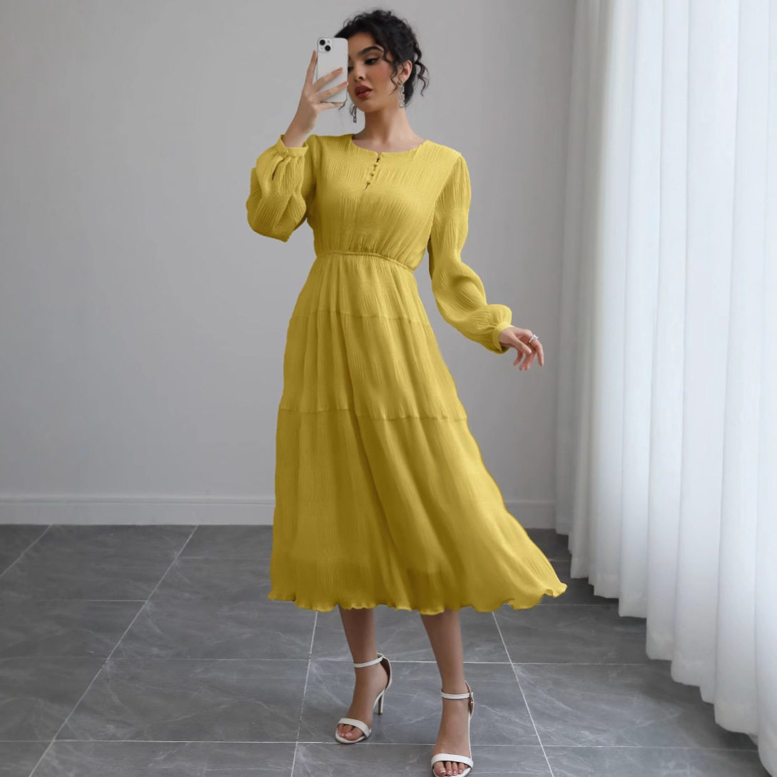 French Puff Sleeve Long Sleeve Dress Elegant Style Soft Fabric Autumn Colors Perfect for Tea Parties or Casual