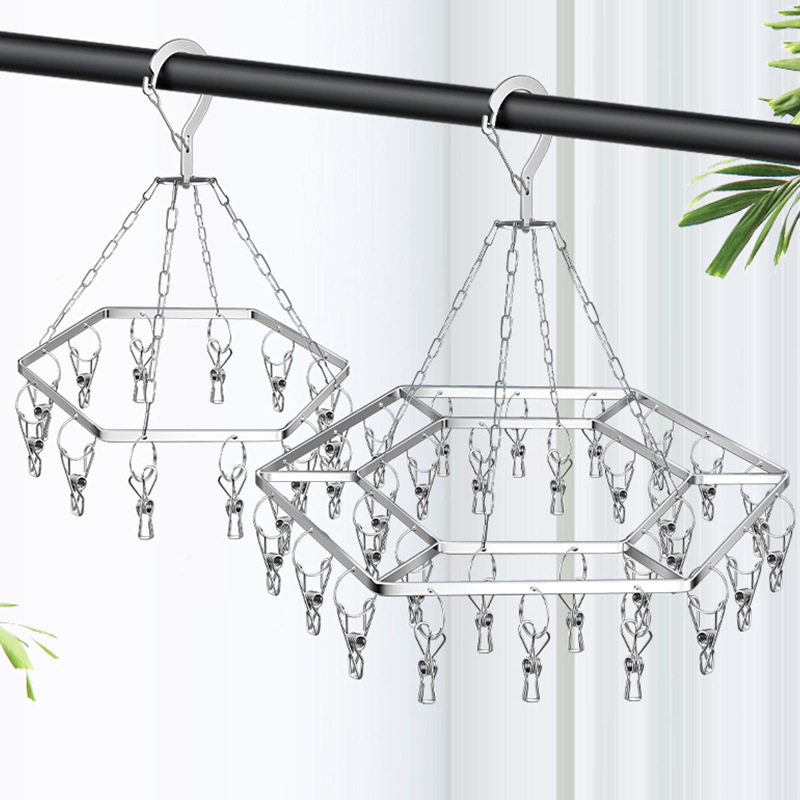 Stainless Steel Clothes Drying Rack with Multiple Clips for Balcony, Home, Dormitory, Easy to Use, Multifunctional Windproof Sock Rack, Clothes Hanging Hook