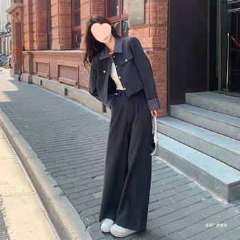 Trendy and Stylish Women's Sports Suit for Spring and Autumn, Slimming Chanel-Style Short Jacket with Wide-Leg Pants, Casual Two-Piece Set