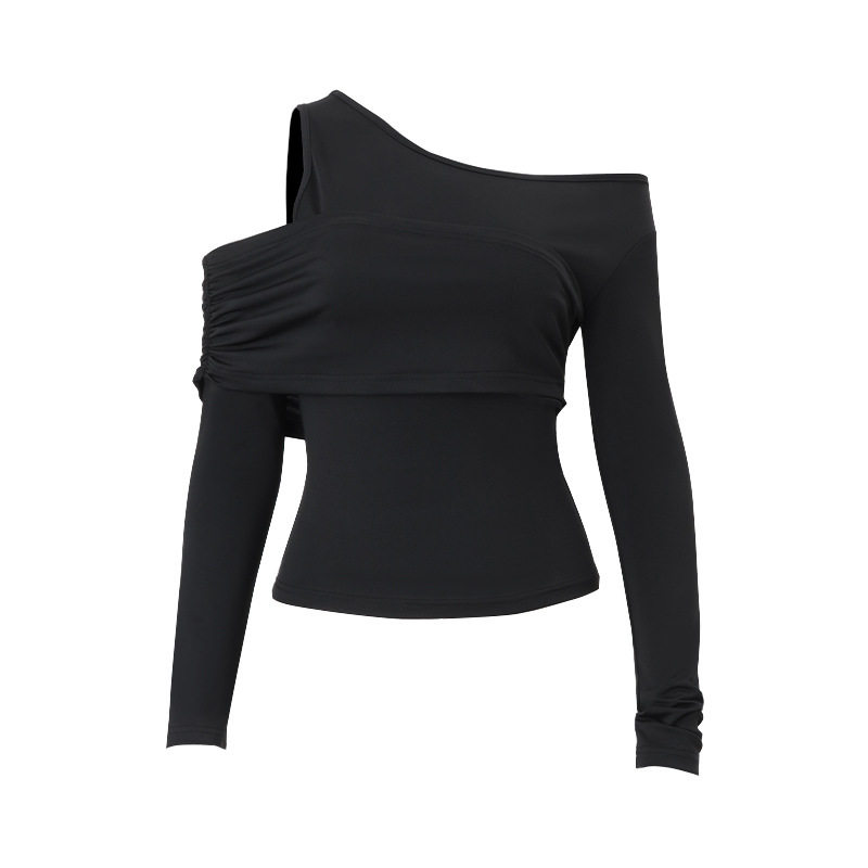 Slim Fit Long Sleeve Knit Top Solid Color Asymmetrical Neckline Versatile Style Spring Womens Fashion Wholesale