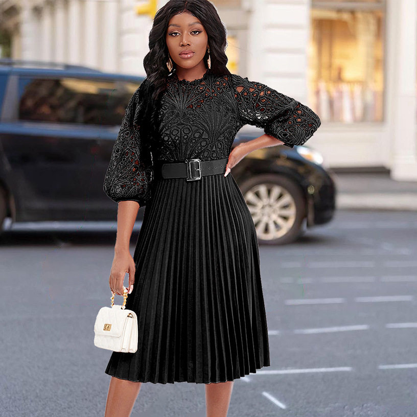 Plus Size Womens Lace Panel Pleated Hollow Out Dress Elegant Design Summer Style African Fashion Wholesale Available