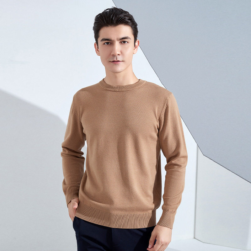 秋冬男士圆领宽松加厚套头针织衫纯色长袖短款商务打底保暖毛衣