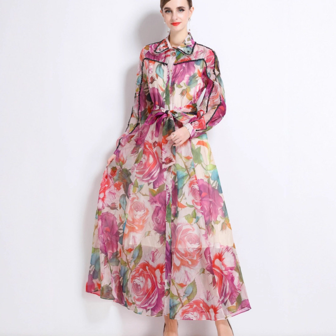 French Style High End Embellished Long Sleeve Printed Dress Elegant Fit Waist Tie Button Closure Autumn Fashion