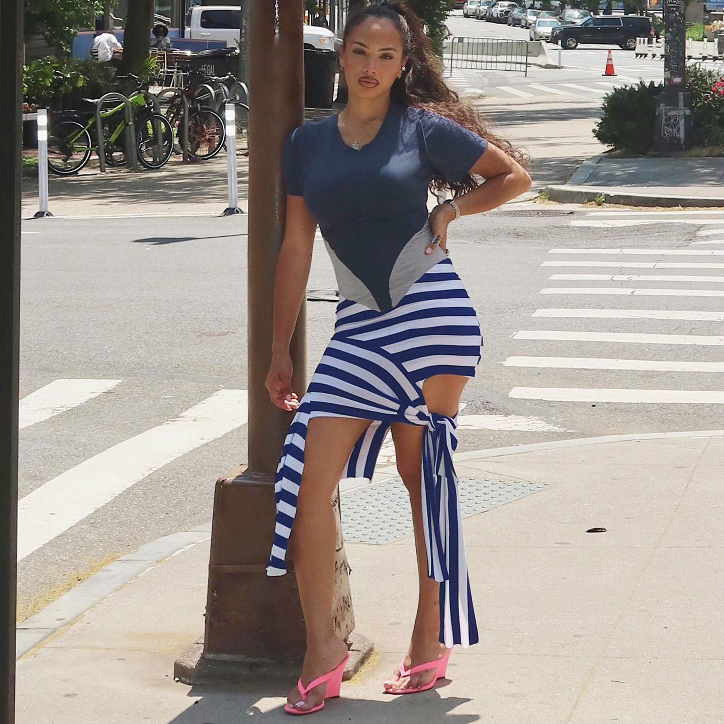 Summer Womens Dress Fashionable Striped Irregular Design Color Block Bodycon Style Wholesale Available