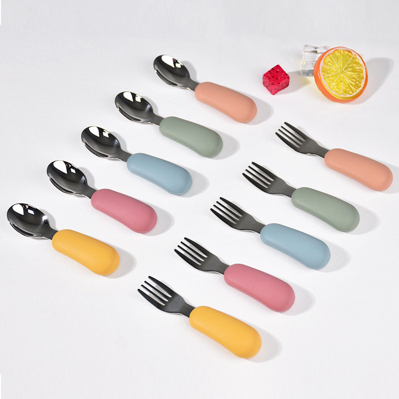 Fruit Scooping Spoon Silicone 316 Stainless Steel Fork Spoon Children's Feeding Tableware Training Set Feeding Supplementary Food