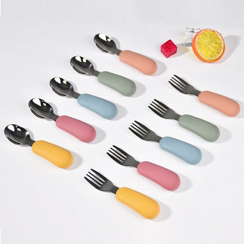 Fruit Scooping Spoon Silicone 316 Stainless Steel Fork Spoon Children's Feeding Tableware Training Set Feeding Supplementary Food