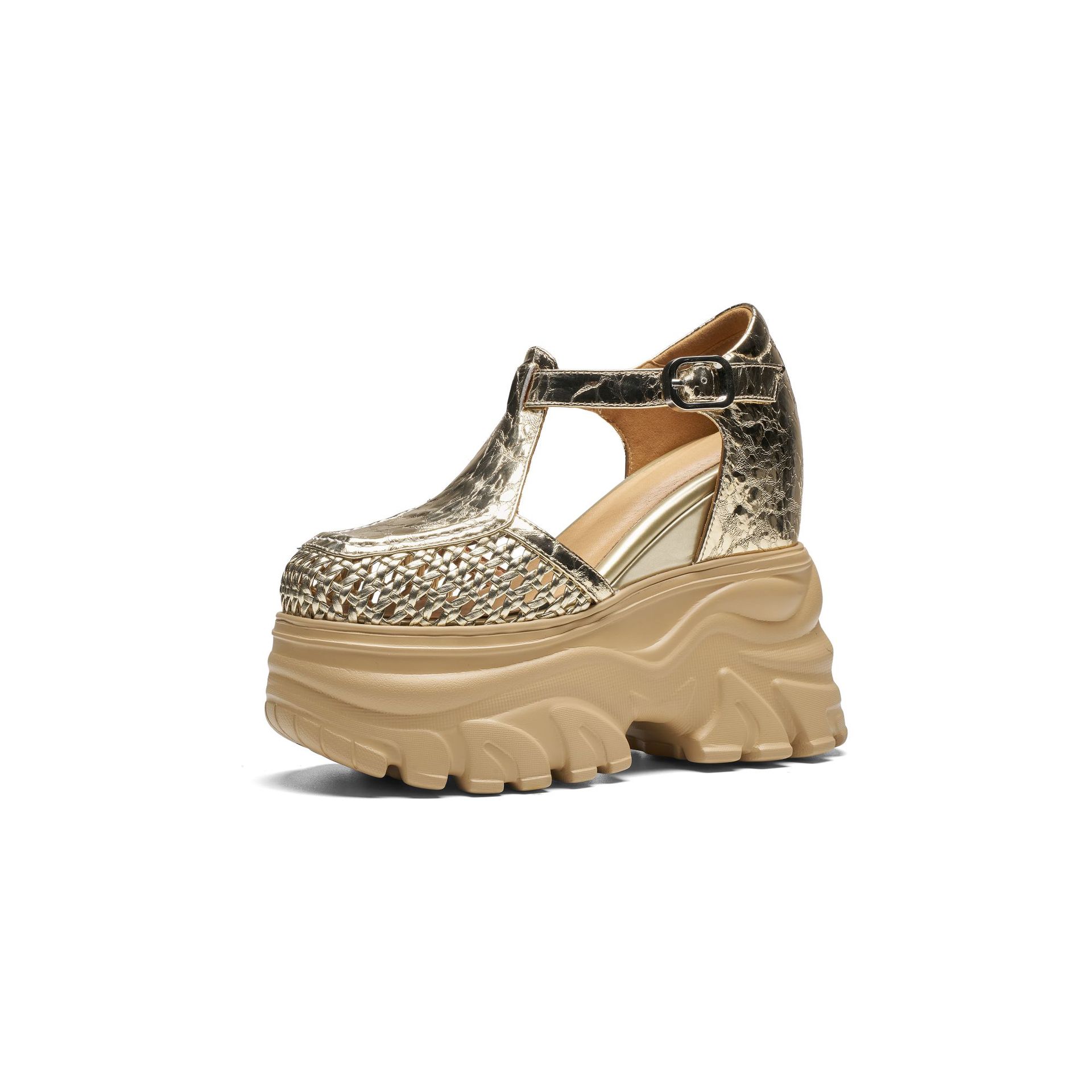 Sandal cao gót nữ đế xuồng 14cm dệt lưới mũi tròn hở mũi — [Trắng kem], [Đen], [Vàng nhạt]
