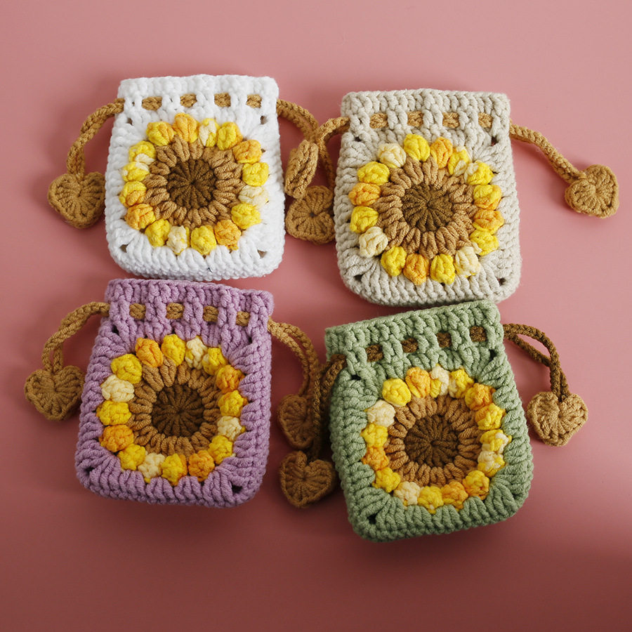 Sweet sunflower hand-woven mini drawstring bag snow five wool crocheted earphone case sunflower coin purse