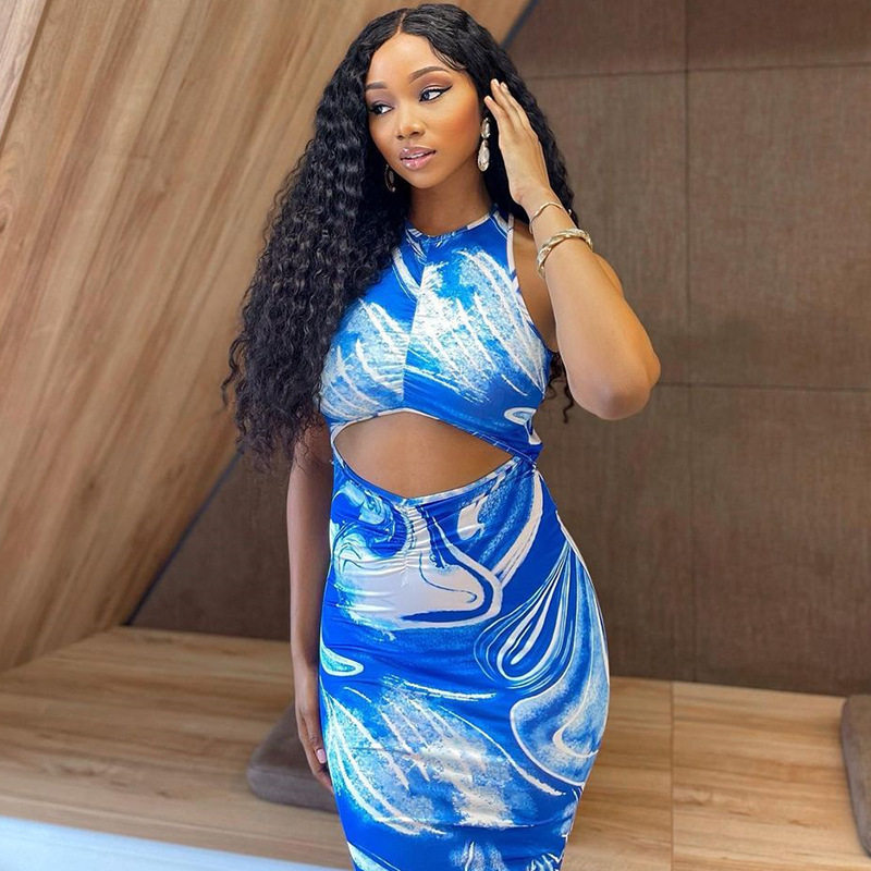 Hollow Out Bodycon Dress Round Neck Backless Digital Print Elegant Vacation Style Wholesale Available