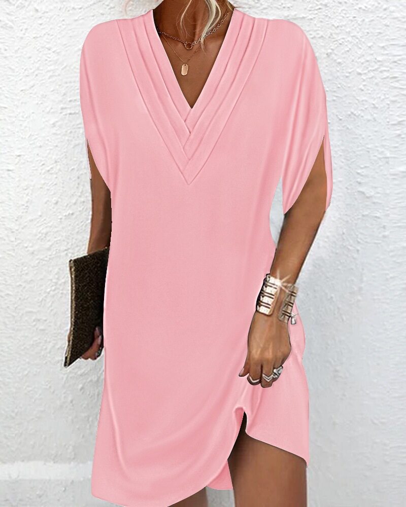 Womens Spring Summer V Neck Batwing Sleeve Dress Pleated Design Elegant Style Perfect for Casual or Formal Occasions