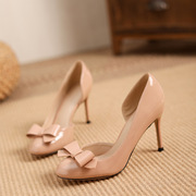 2025 New Style Nude Color Side Hollow High Heels Stiletto Heels Beautiful Temperament Patent Leather Bow Round Toe Shoes for Wom