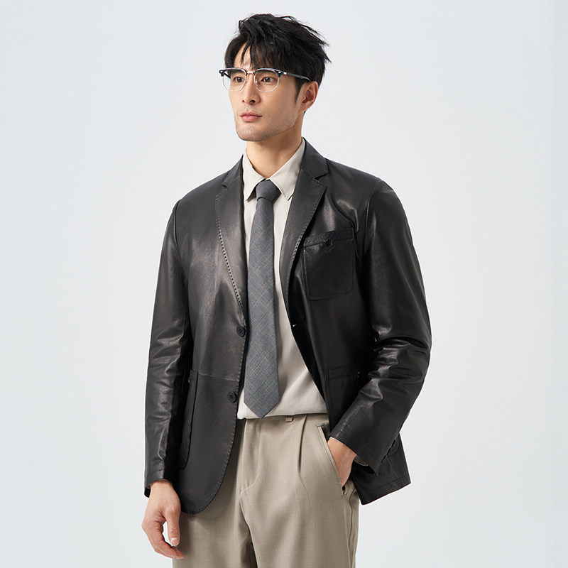 Áo Khoác Blazer Da Cừu Nam Kiểu Vest Công Sở Cao Cấp Màu Đen