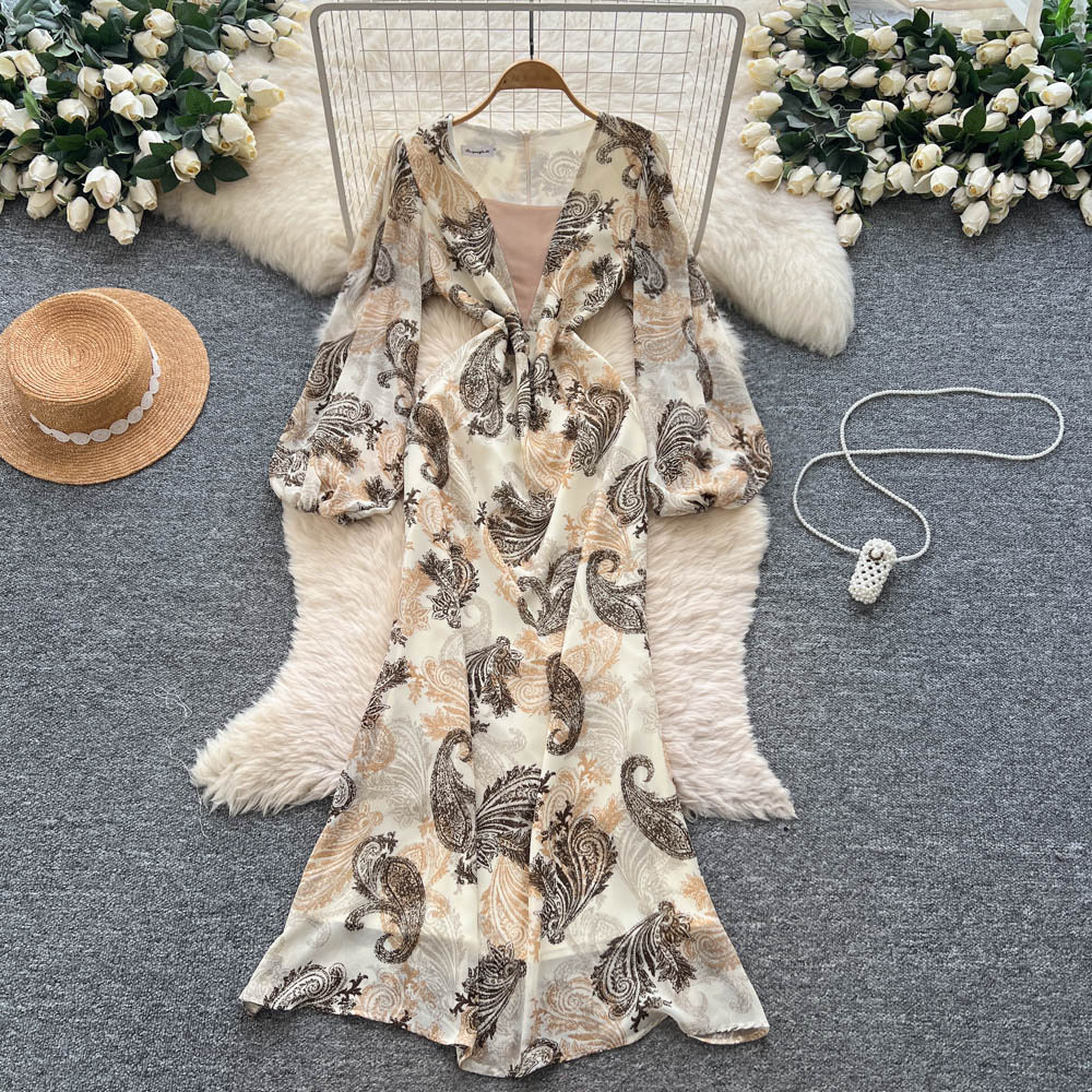 Elegant V Neck Floral Print Dress Lantern Sleeves Slim Fit Long Mermaid Style Perfect for Formal Occasions