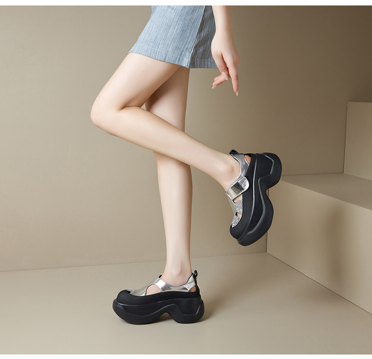 Giày sandal nữ gót cao 8cm đế dày đính đá, mũi tròn bít da bò khoét lỗ — Màu bạc, Màu đen, Màu trắng be