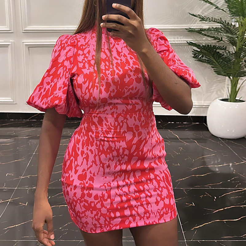 Fashionable Lantern Sleeve Mini Dress Stand Collar Printed Shoulder Pads Slim Fit Casual Summer Wear OEM Available
