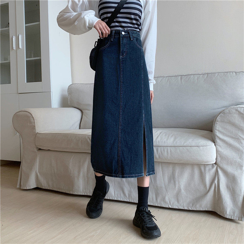 High Waisted Denim Skirt Vintage Style Mid Length Slim Fit Side Slit Spring Summer Fashion Wholesale Available