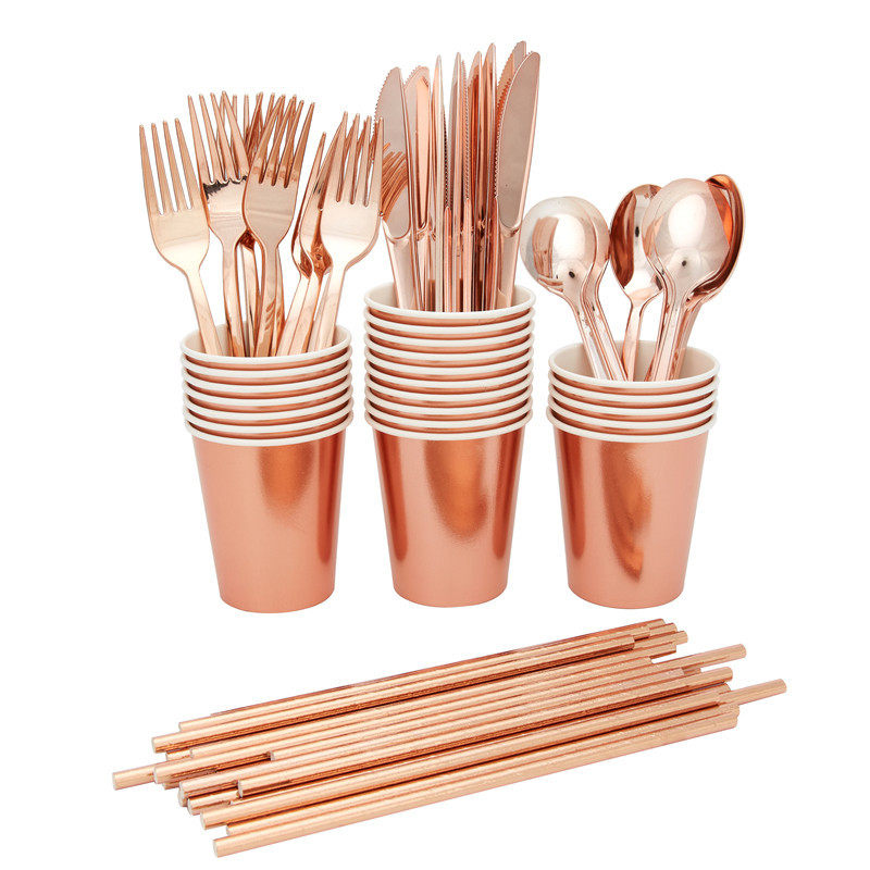 Rose gold disposable tableware suit hotel restaurant Western party party supplies paper paper plate paper cup