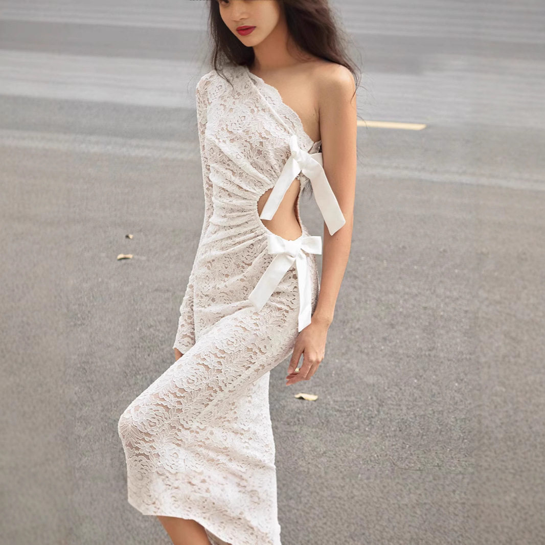 Lace One Shoulder Dress Sexy Hollow Out Long Sleeve Bow Detail Autumn Winter Fashion Wholesale Available