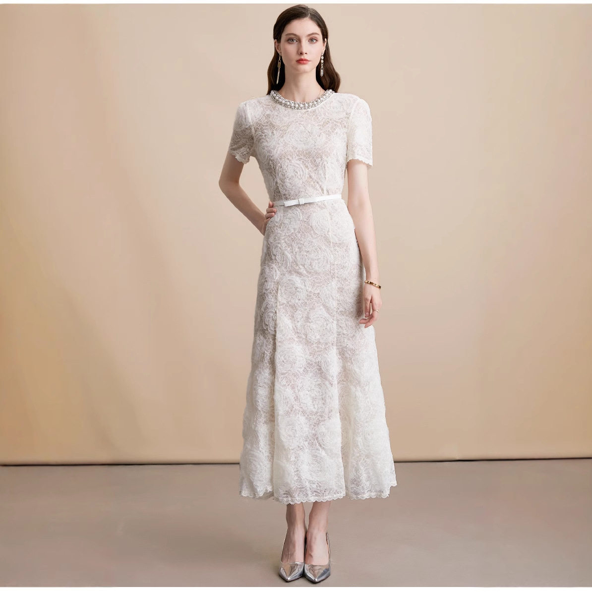 French Elegant Beaded Lace Dress Short Sleeve Round Neck Fishtail Design Summer Cocktail or Formal Occasion