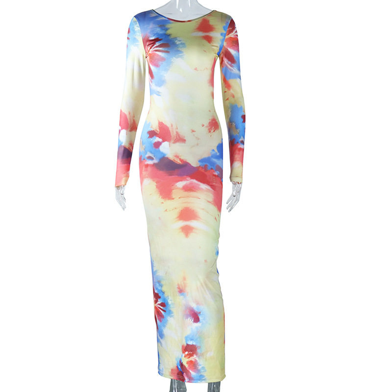 Spring European and American Style Fashionable Backless Dress Color Block Long Sleeve Bodycon Silhouette Streetwear
