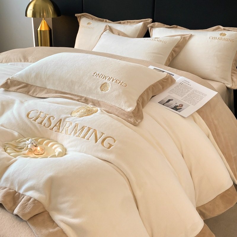 Light luxury style embroidered milk velvet bed four-piece set Winter thickened coral velvet flannel bed sheet quilt cover three-piece set