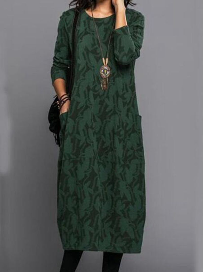 Casual Long Sleeve Pocket Dress for Women Cotton Linen Round Neck Available in Black Green Blue Red Wholesale Sizes S to XXXL