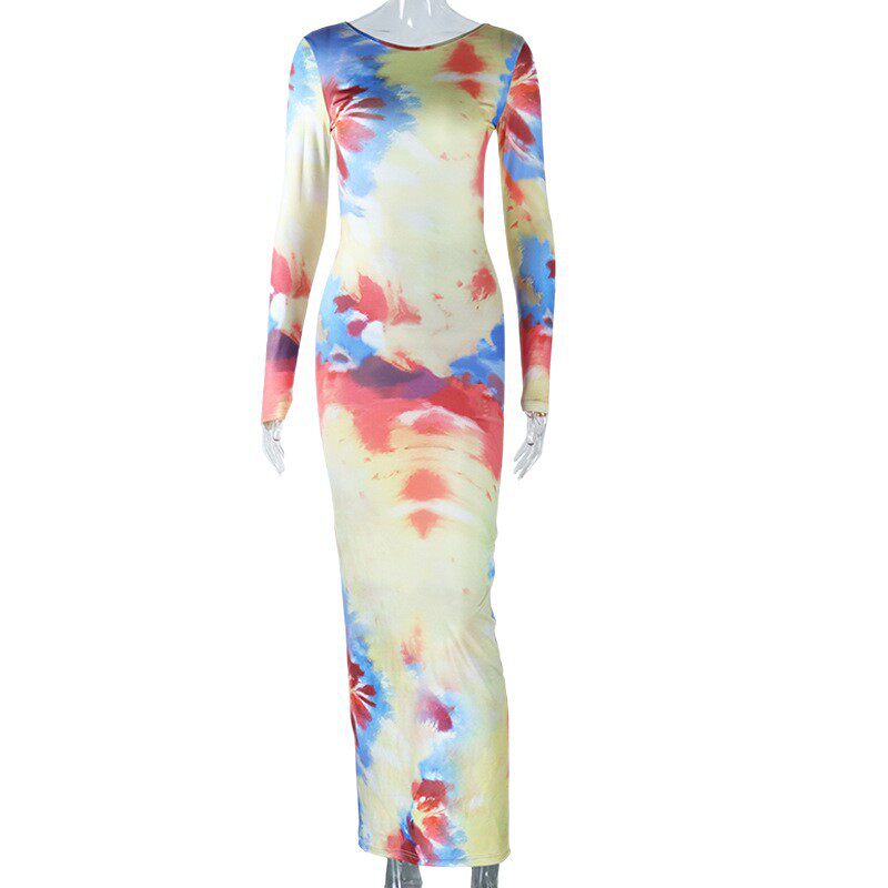 Spring European and American Style Fashionable Backless Dress Color Block Long Sleeve Bodycon Silhouette Streetwear
