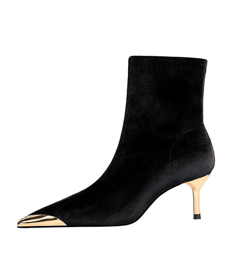Boot nữ cổ thấp mũi nhọn nhung nhung gót vừa phong cách thanh lịch — 319-10 đen 8cm, 319-A10 đen 5cm, 319-A10 Màu nâu sẫm 5cm, Màu nâu sẫm 319-10 8cm