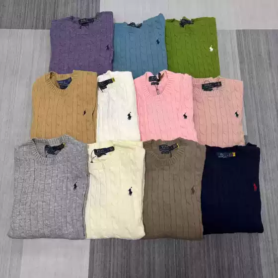 High-Quality~ Cross-Border Ralf Ten-Color Rl Wool Cable Knit Sweater Embroidered Knitwear Loose Round Neck Pullover for Men and Women
