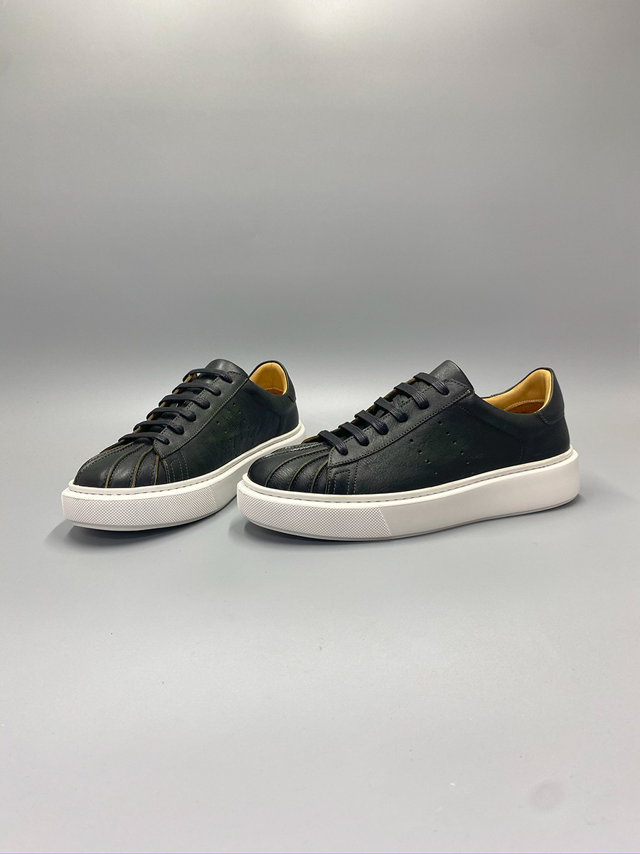 Giày sneaker nam mũi vỏ sò kiểu retro, da thật đánh bóng thủ công — Màu nâu, Màu đen, Màu cà phê