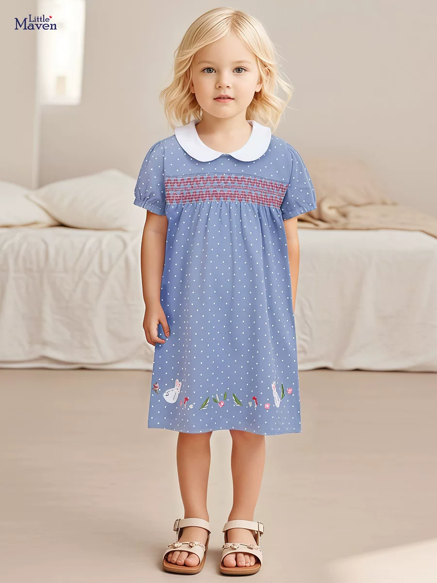 Plaid New Summer Girls' Dress, Short-sleeve Cotton Polka Dot Printed Kids' Dress